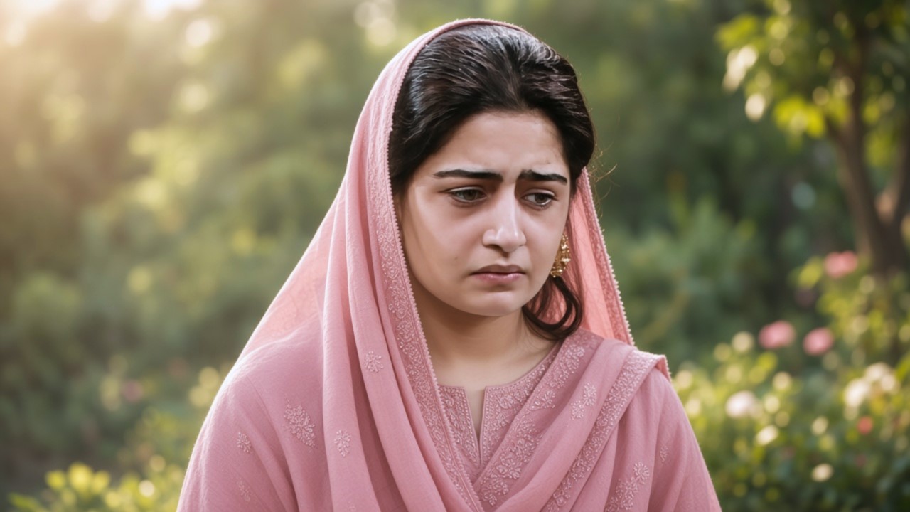 Pink dupatta pehnay serious expression ke sath