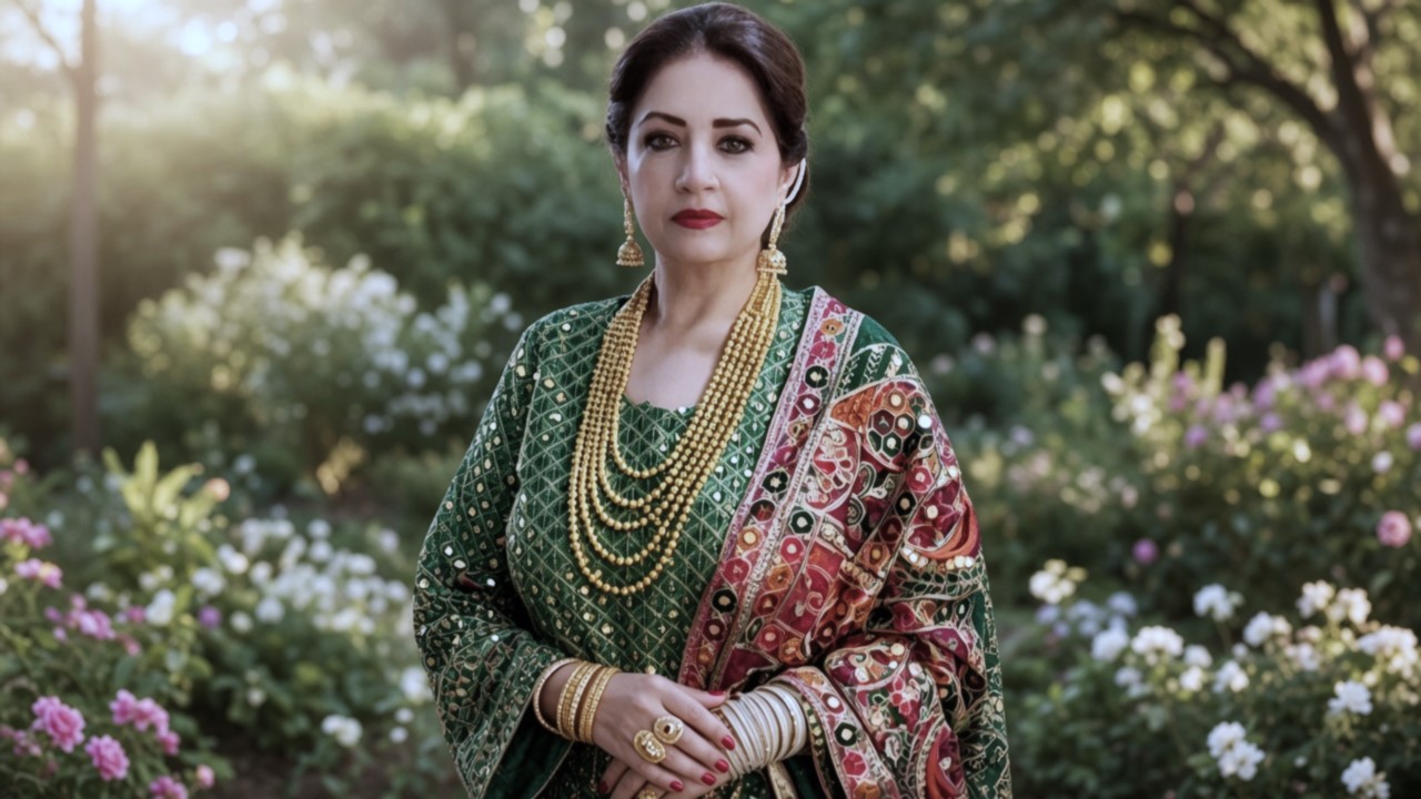 Heavy gold jewelry aur expensive shawl mein khari traditional actress