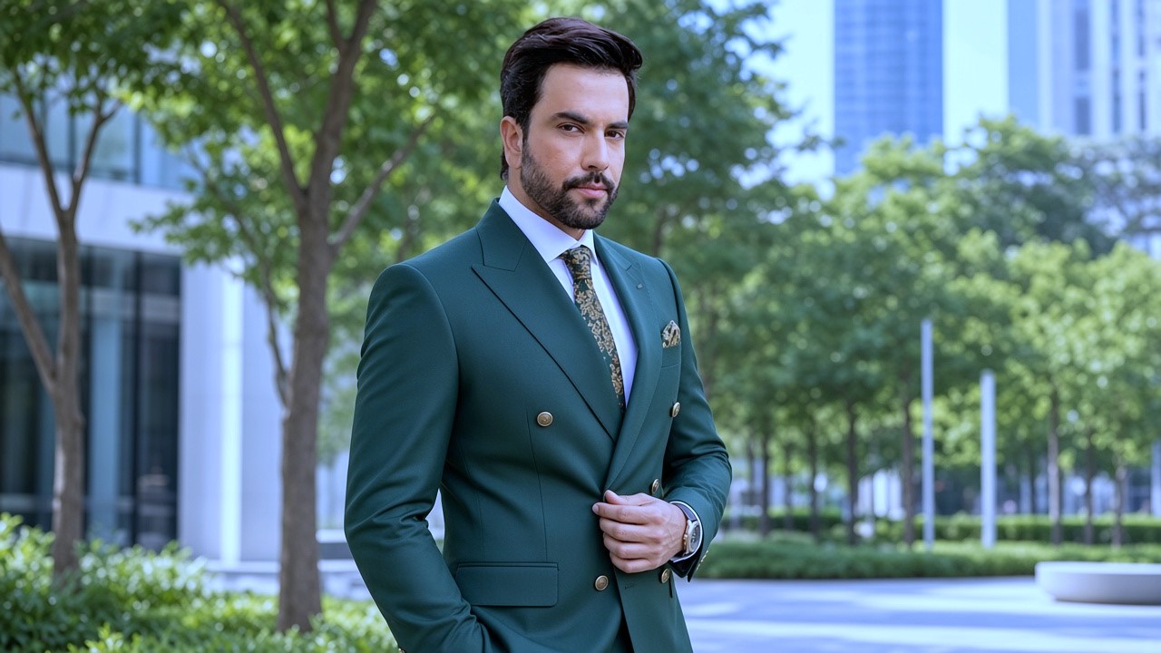 Dark green double breasted formal suit aur tie mein stylish pakistani actor