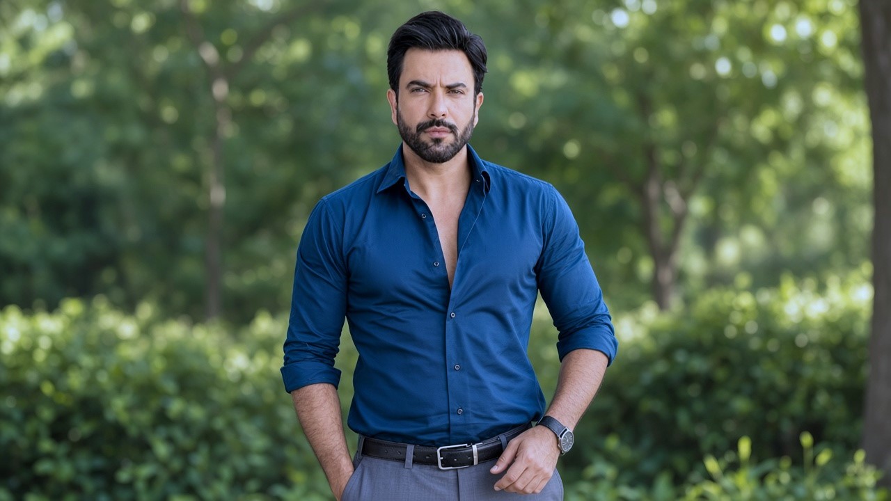 Royal blue button down shirt aur jeans mein khada fit pakistani actor
