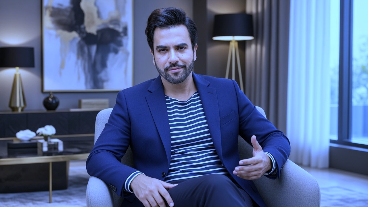 Striped t-shirt aur blue blazer mein sofa par baitha pakistani actor