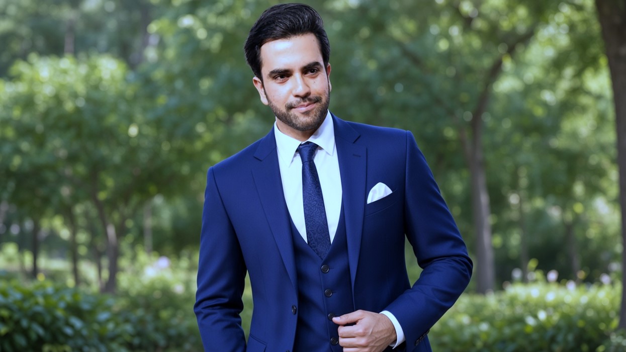 Navy blue three piece suit aur tie mein dapper look mein khada superstar