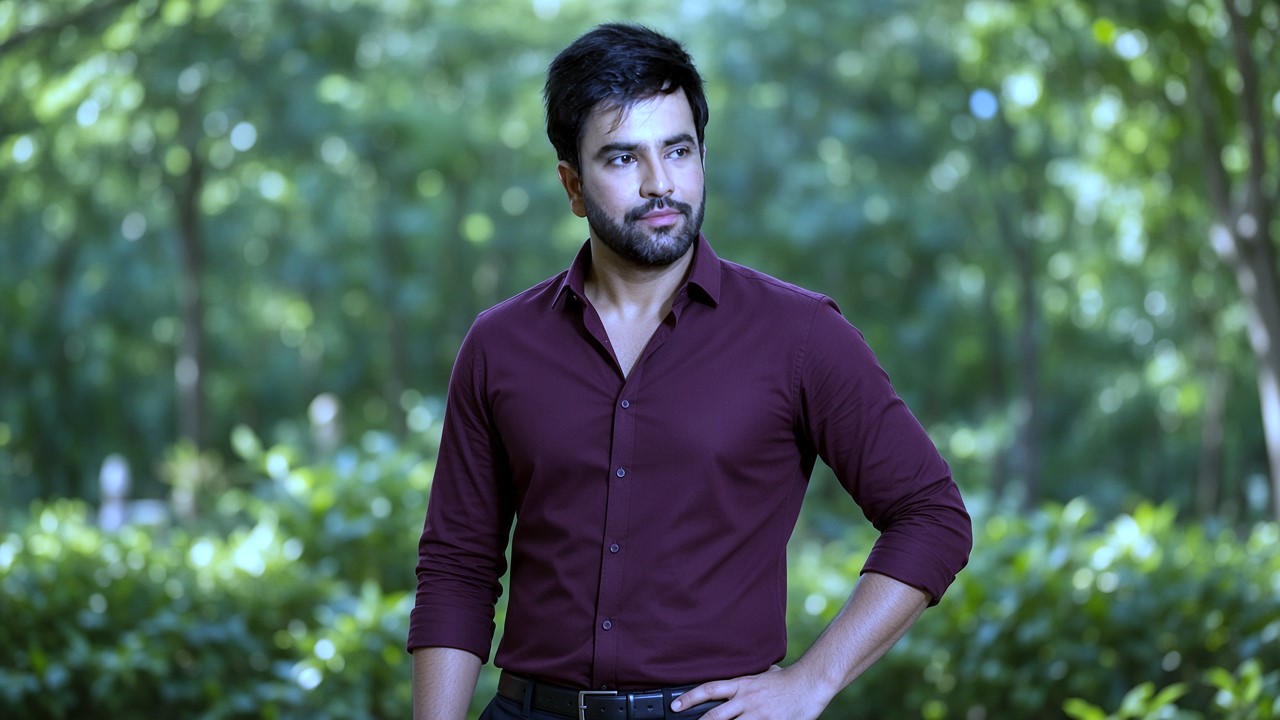 Maroon formal shirt aur dark pants mein khada stylish pakistani actor