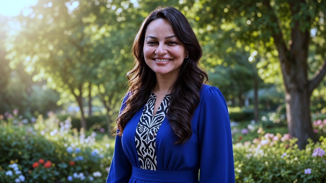 Beautiful actress smiling in a royal blue embroidered dress