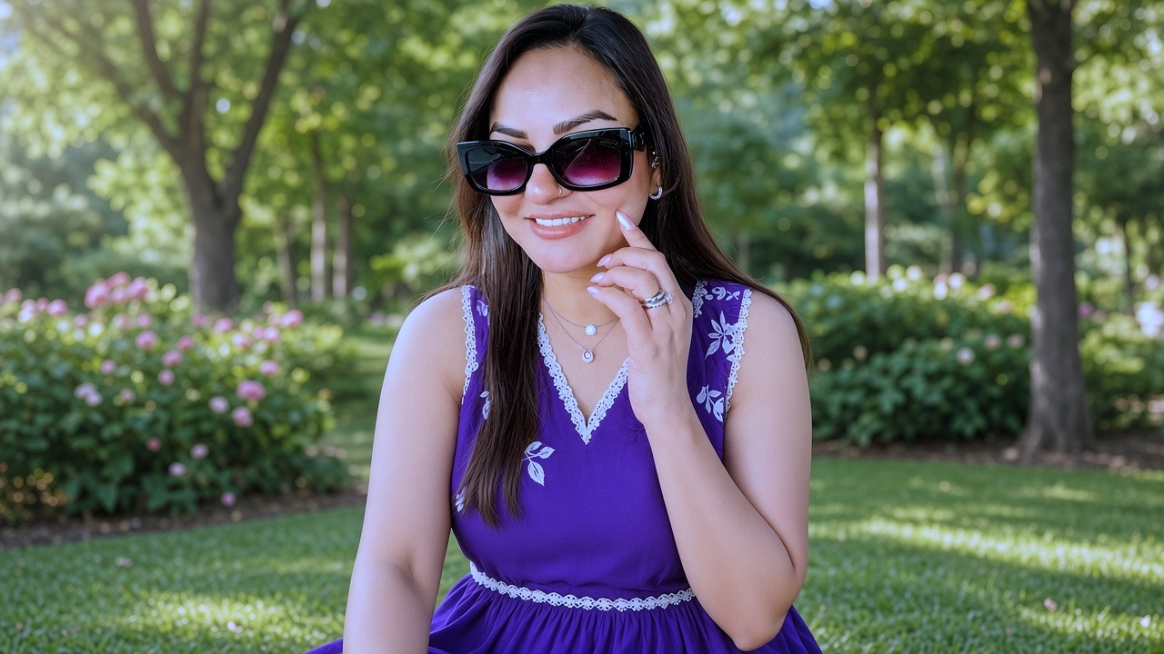 Stylish celebrity posing in a purple dress outside
