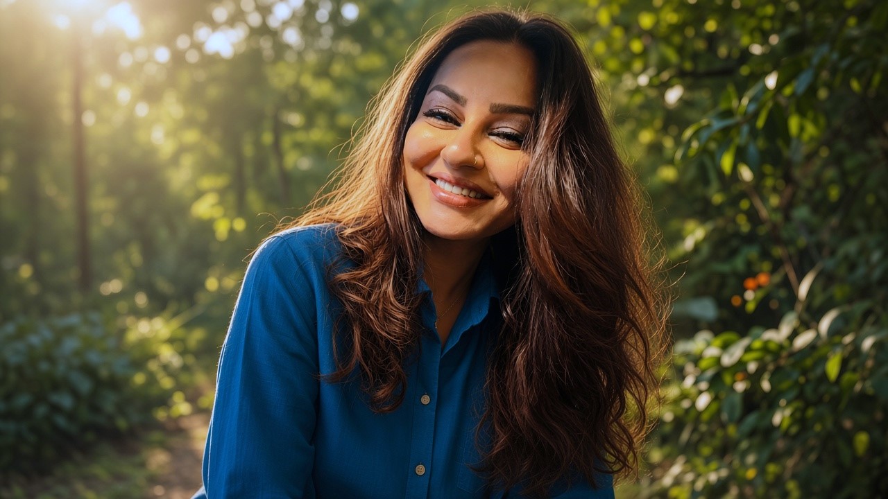 Gorgeous actress with open hair smiling in a blue top