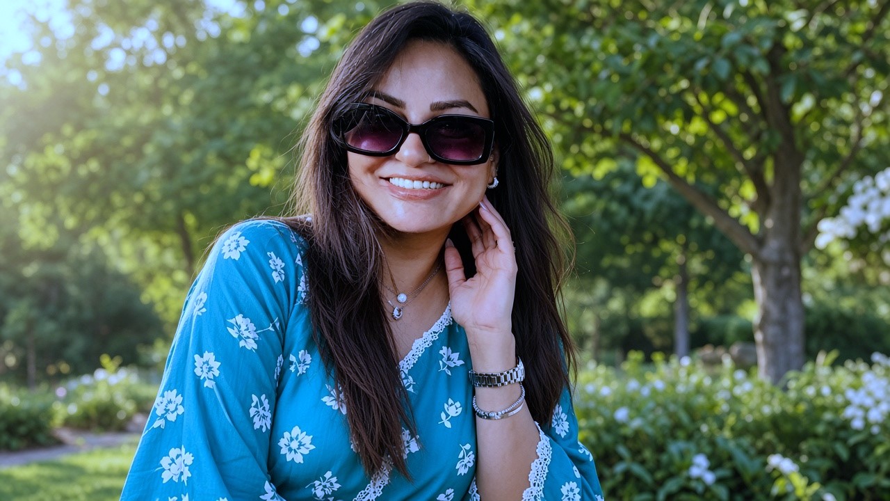 Famous TV star posing in a blue printed dress