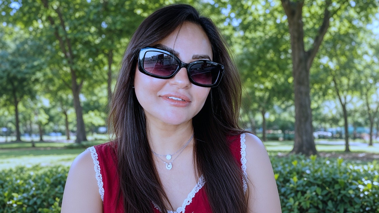 Prominent actress wearing red top and sunglasses outdoor