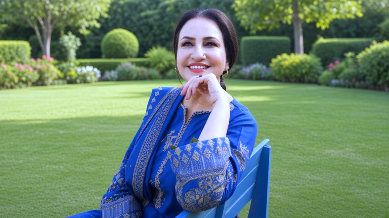 Pakistani actress blue dress mein green garden mein smile karte hue