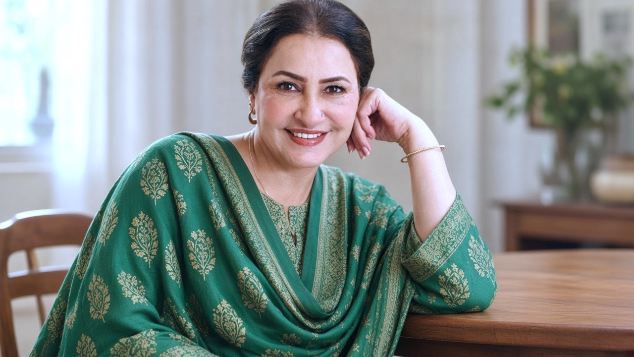 Drama actress traditional green suit mein table ke pas baithi hui