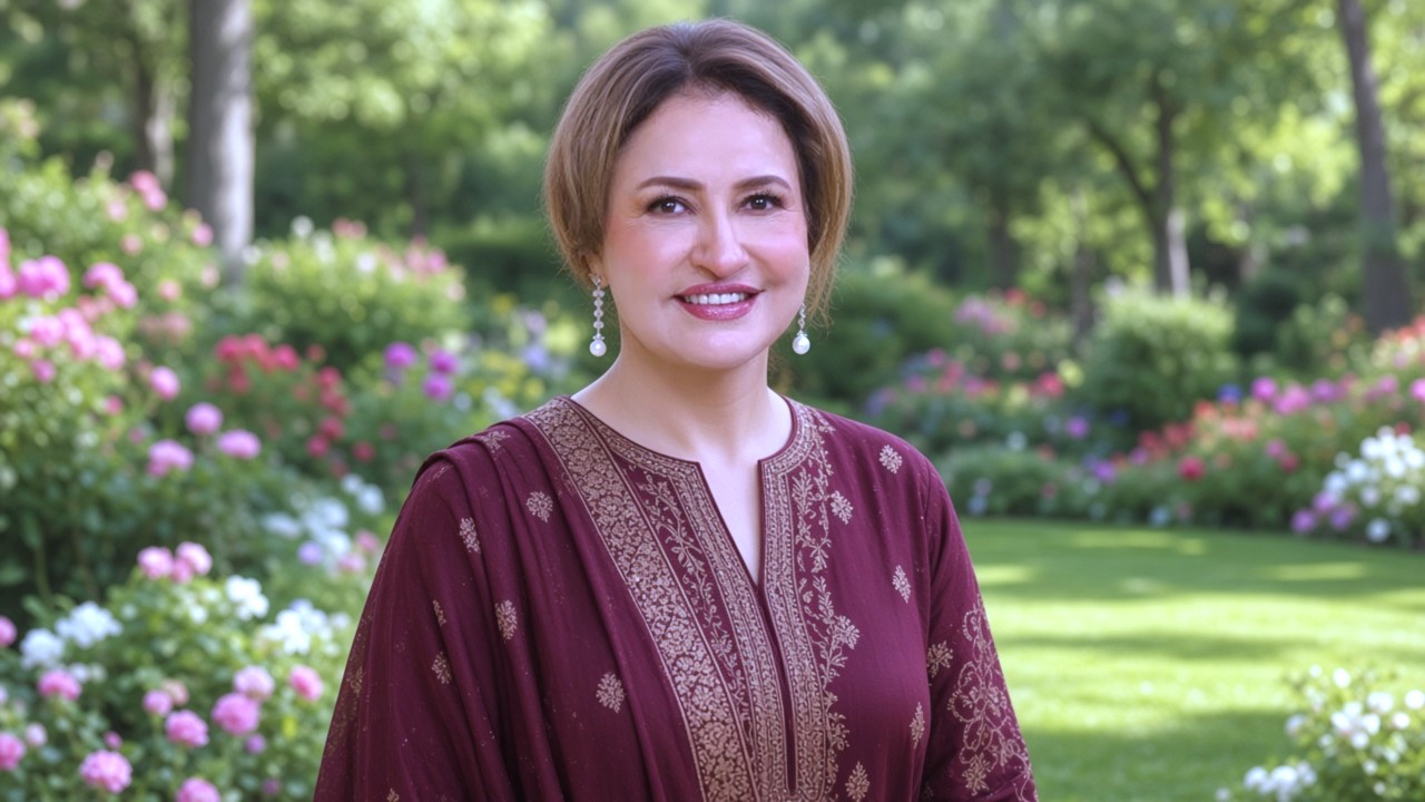 Super star maroon dress mein phoolon ke samne smile karte hue