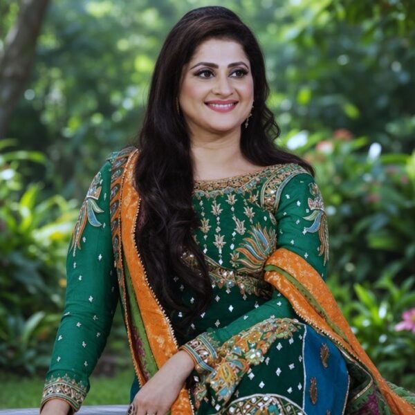 Actress green embroidered dress mein elegant pose ke sath