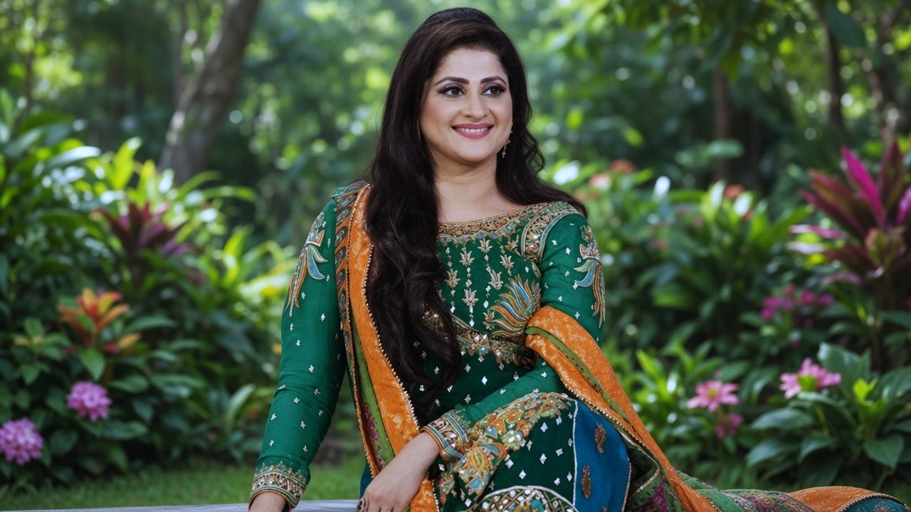Actress green embroidered dress mein elegant pose ke sath