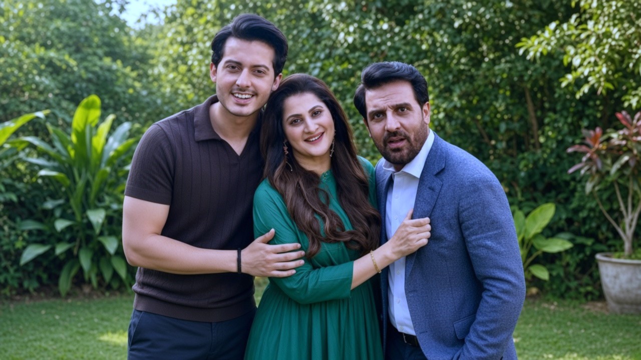 Famous celebrity couple aur unka young star son outdoor garden mein khray hue