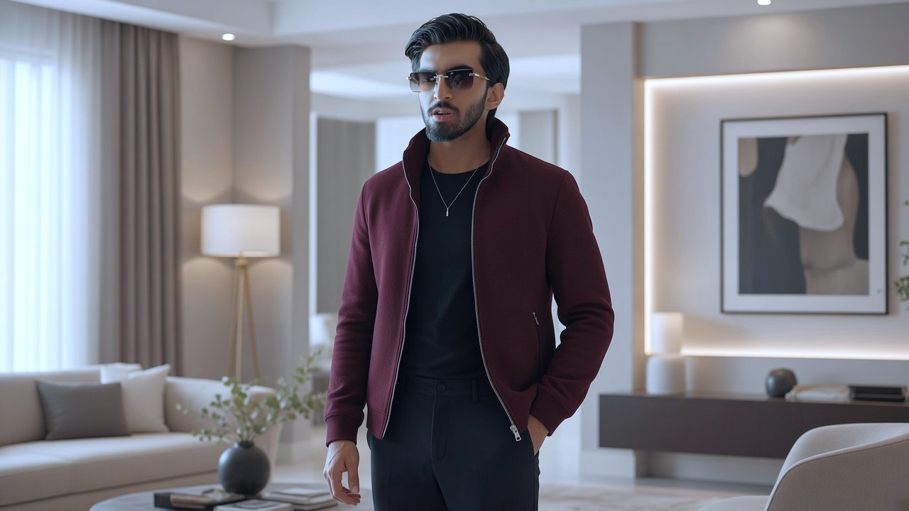 Handsome young actor wearing shades and stylish maroon jacket