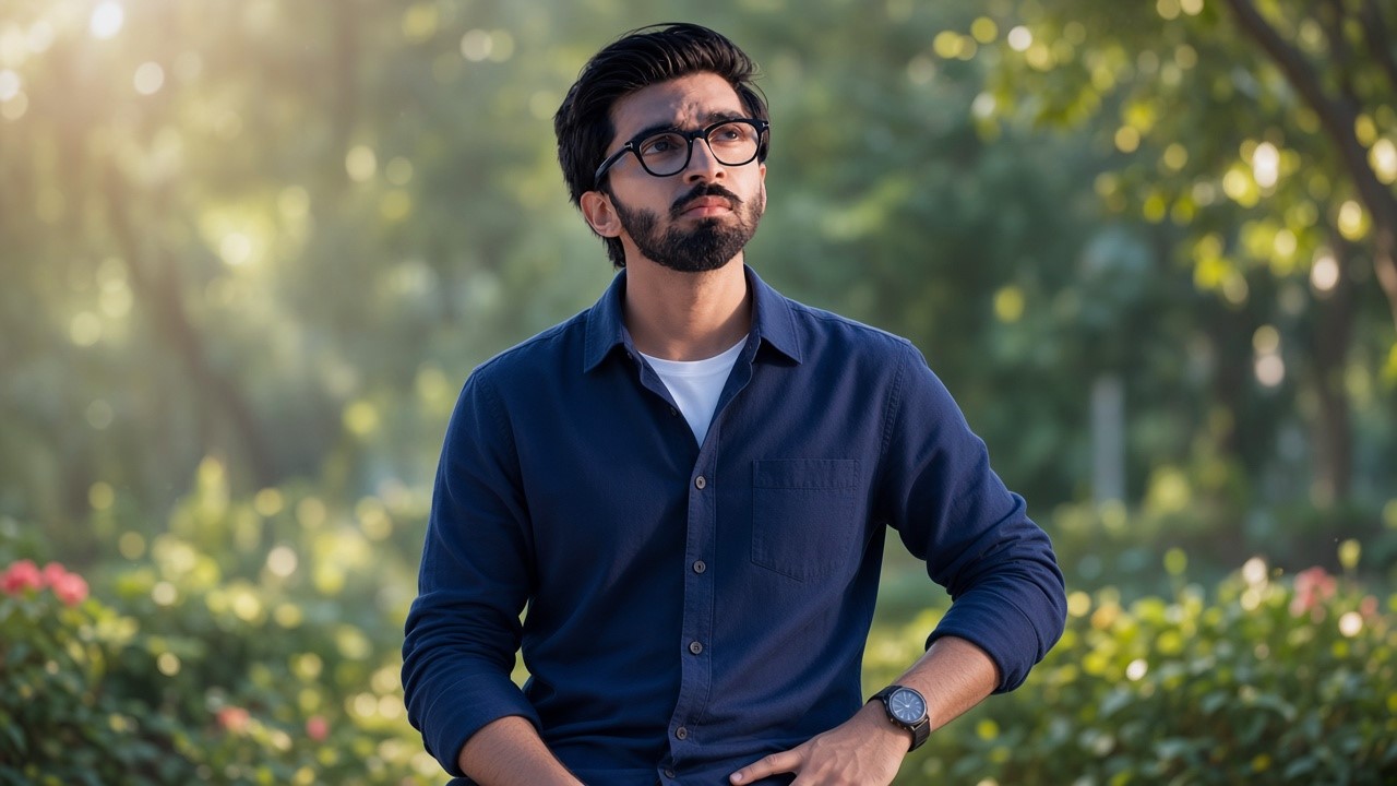 Handsome young actor in blue shirt