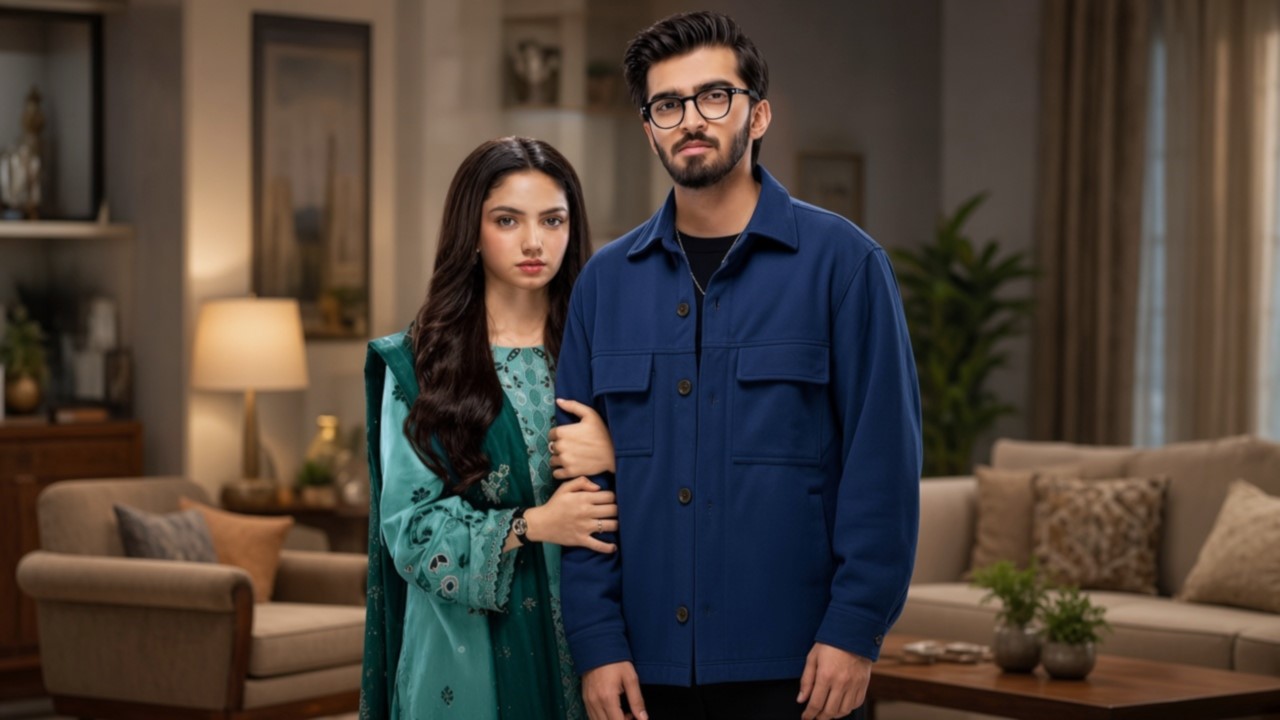 Young actor in blue jacket standing with a beautiful actress in green