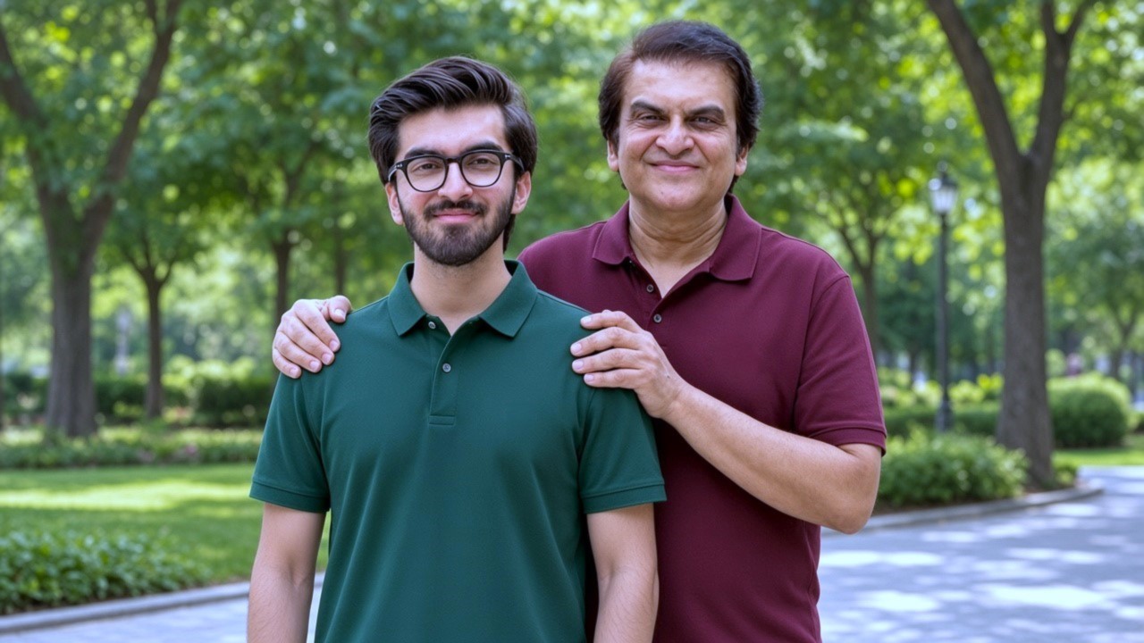 Young actor in green polo shirt standing with senior television producer in a park