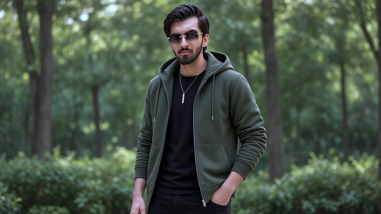 Stylish young actor in green hoodie jacket and black sunglasses