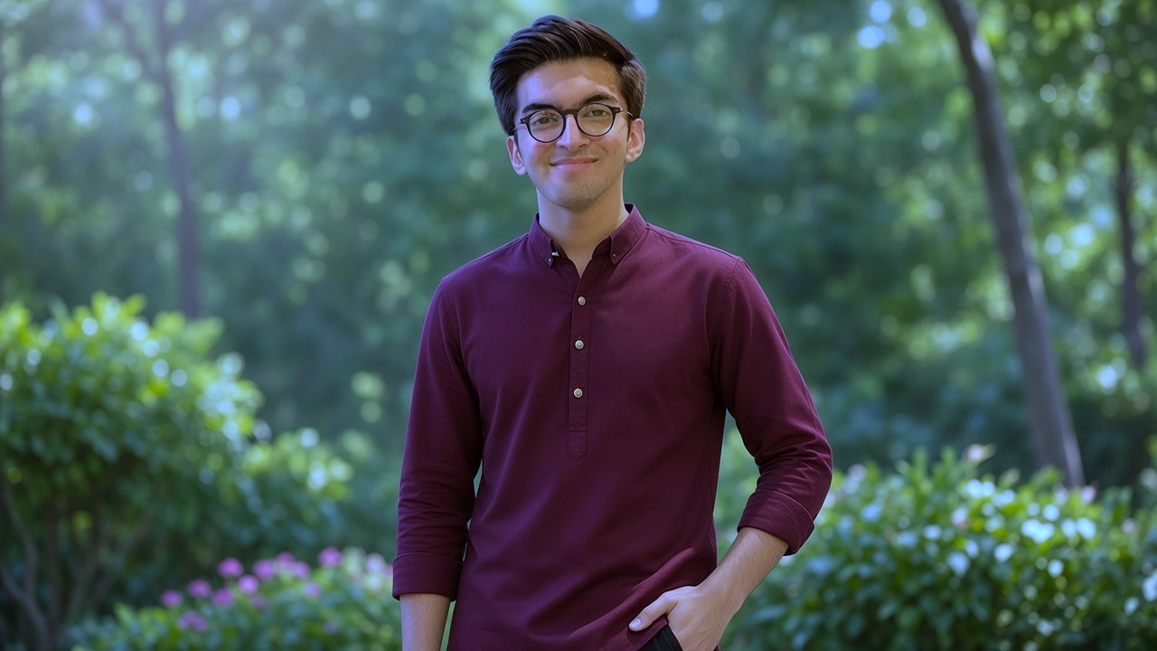 Smiling young actor wearing glasses and a traditional maroon kurta standing in a green garden