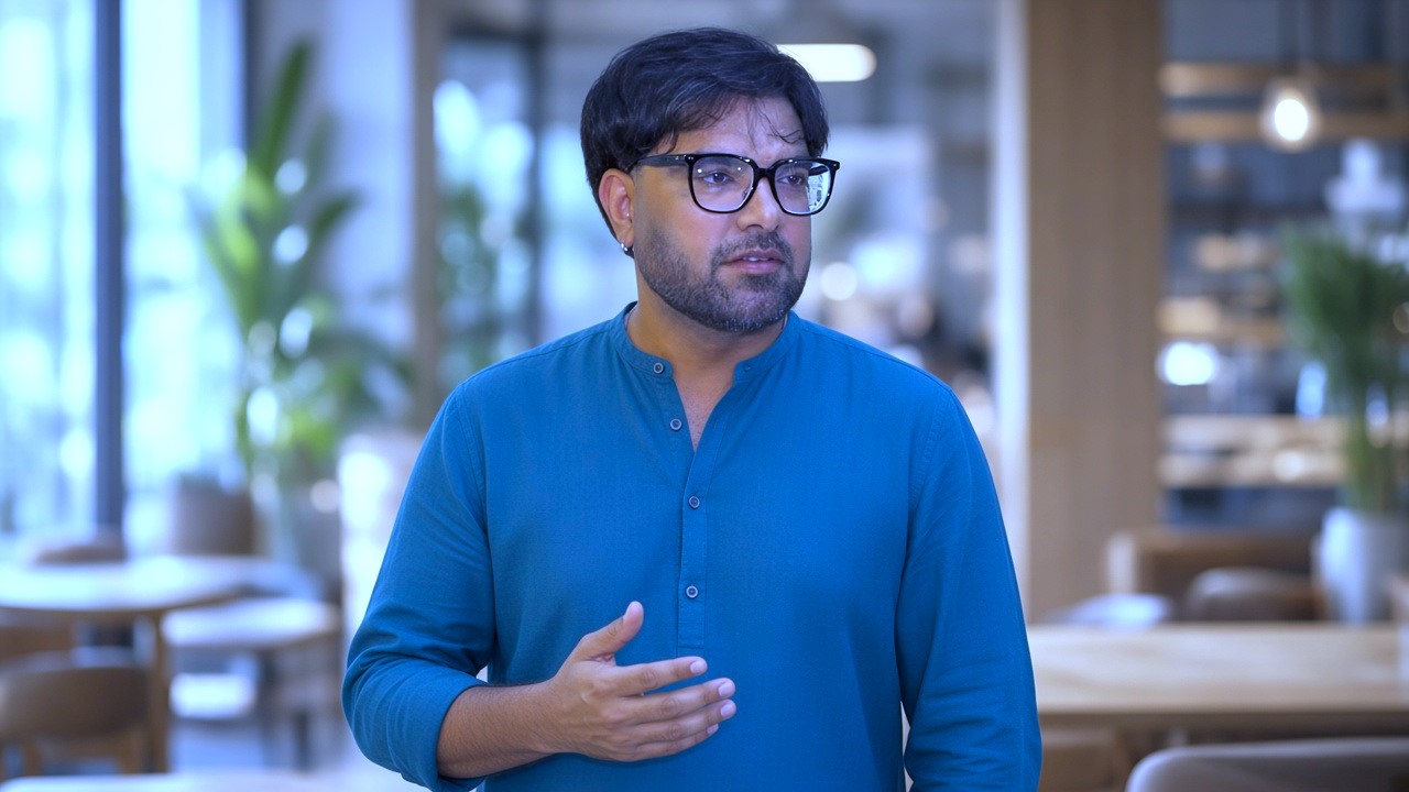 Actor blue kurta mein broad cast center mein kharay hue