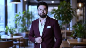 Actor maroon blazer aur white shirt mein