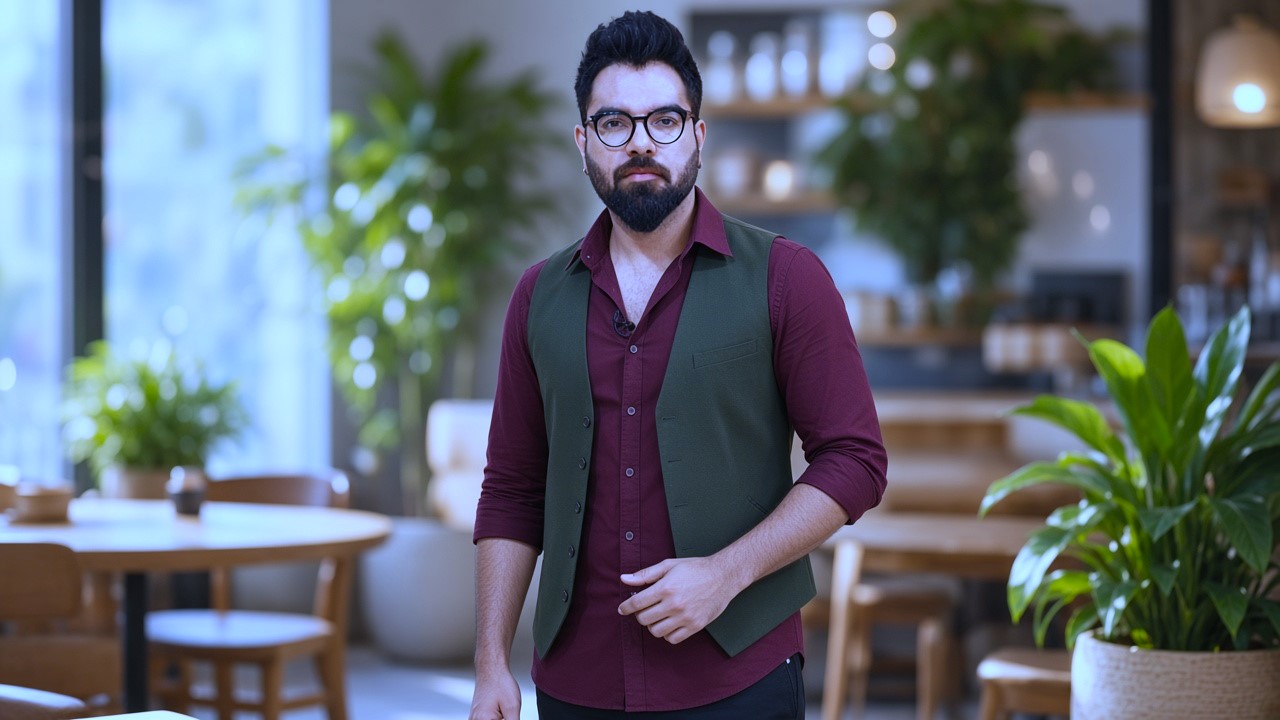 Actor maroon shirt aur green waistcoat mein