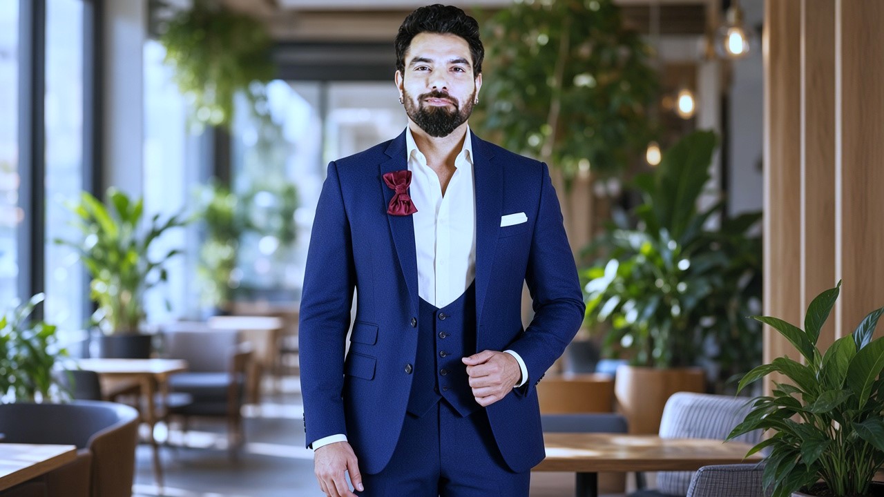Stylish actor blue formal three piece suit mein